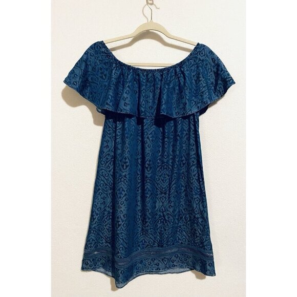 Soft Surroundings Dress Womens Small Blue Chambray Ikat Print Off The Shoulder - Picture 5 of 7